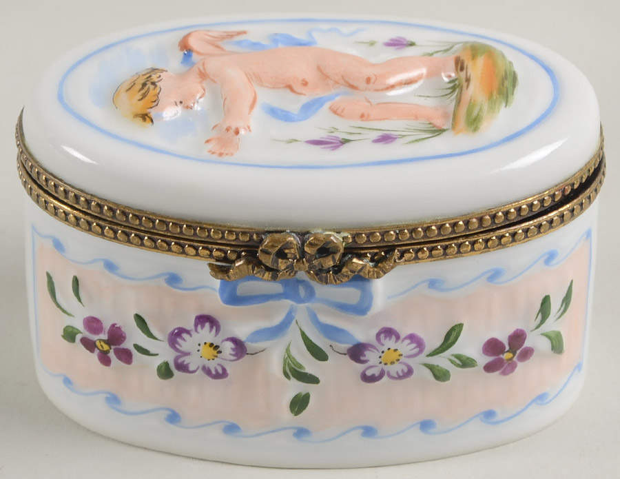 PEINT MAIN LIMOGES BOX Cherub- Purple Flowers - Nb720, No Box by Peint Main-1