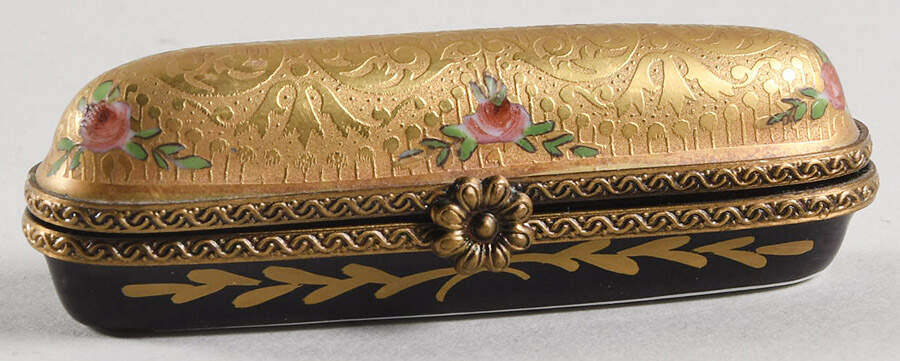 PEINT MAIN LIMOGES BOX Oblong Gold With Pink Roses - Nb736, No Box by Peint Main-1