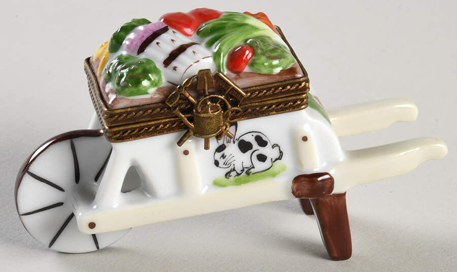 PEINT MAIN LIMOGES BOX Wheel Barrow Of Vegetables W/Rabbit Side - Nb761, No Box by Peint Main-1