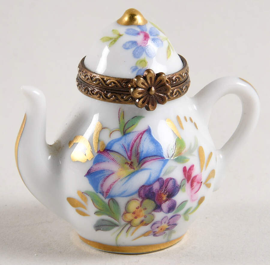 PEINT MAIN LIMOGES BOX Teapot - Blue Flowers - Nb772, No Box by Peint Main-1