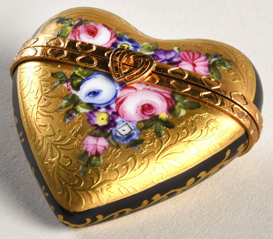 PEINT MAIN LIMOGES BOX Heart- Gold & Black,Red&Purple Flowers - Nb817, No Box by Peint Main-1