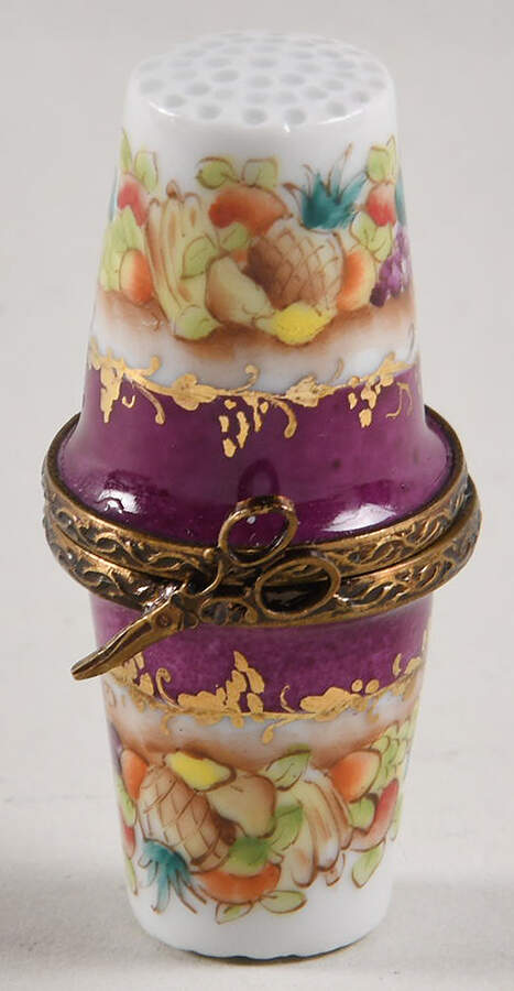 PEINT MAIN LIMOGES BOX Double Thimble-Burgundy & Floral - Nb827, No Box by Peint Main-1
