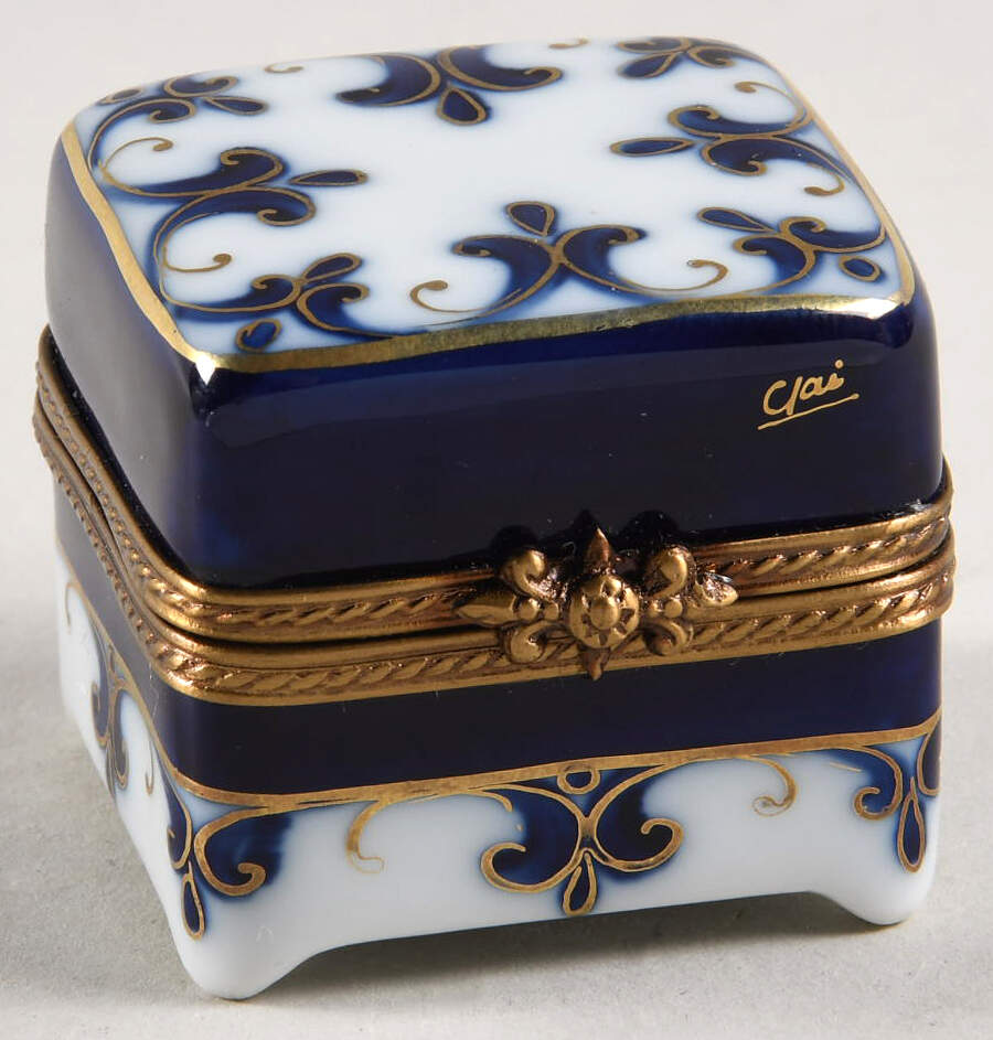 PEINT MAIN LIMOGES BOX Square-Blue & Gold Scrolls - Nb819, No Box by Peint Main-1