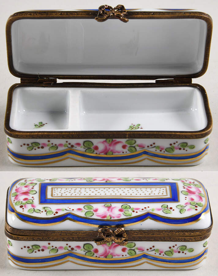 PEINT MAIN LIMOGES BOX Pink Flowers,Blue & Gold Swags - Nb818, No Box by Peint Main-1