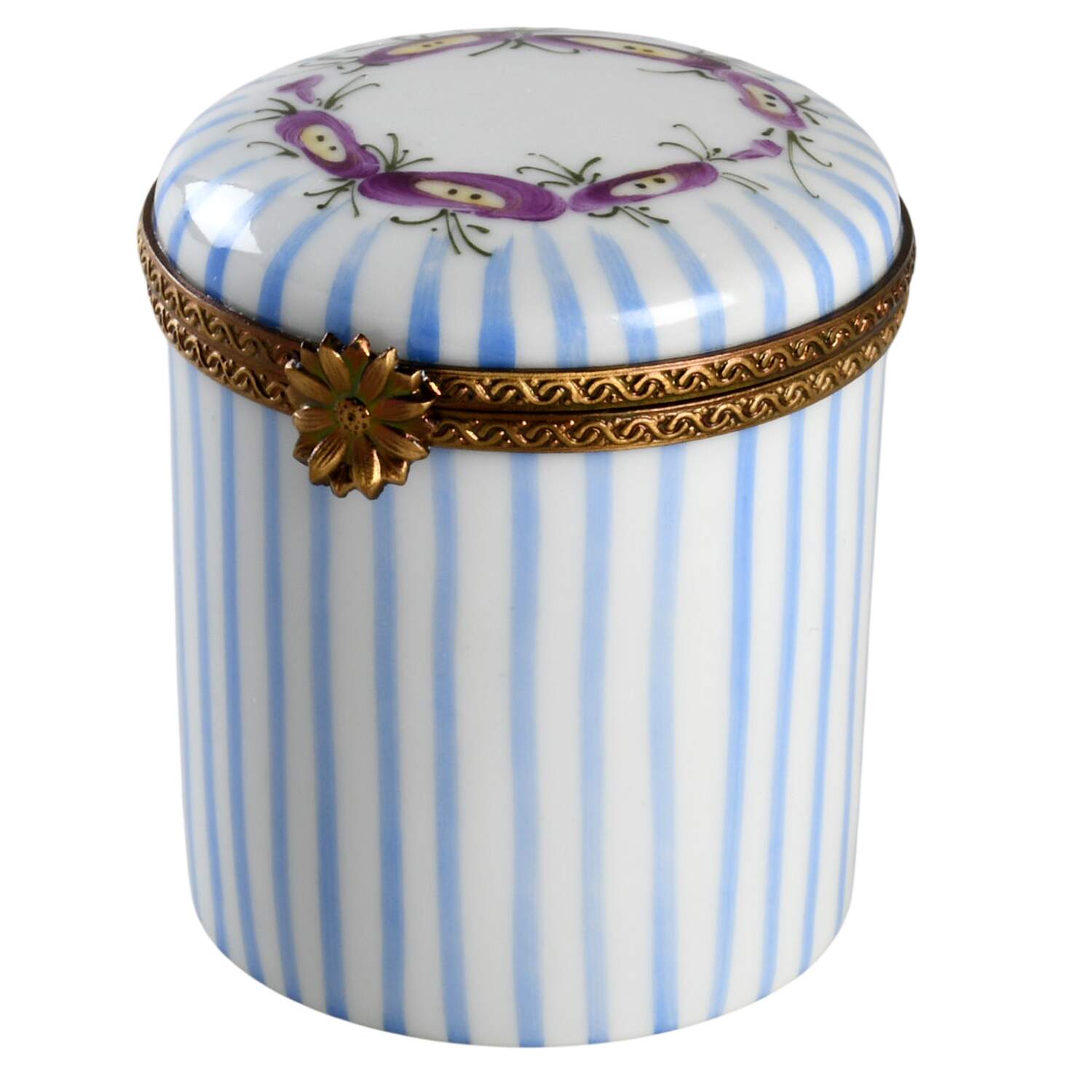 PEINT MAIN LIMOGES BOX Blue Striped W/Pink Floral On Lid - Nb864, No Box by Peint Main-1
