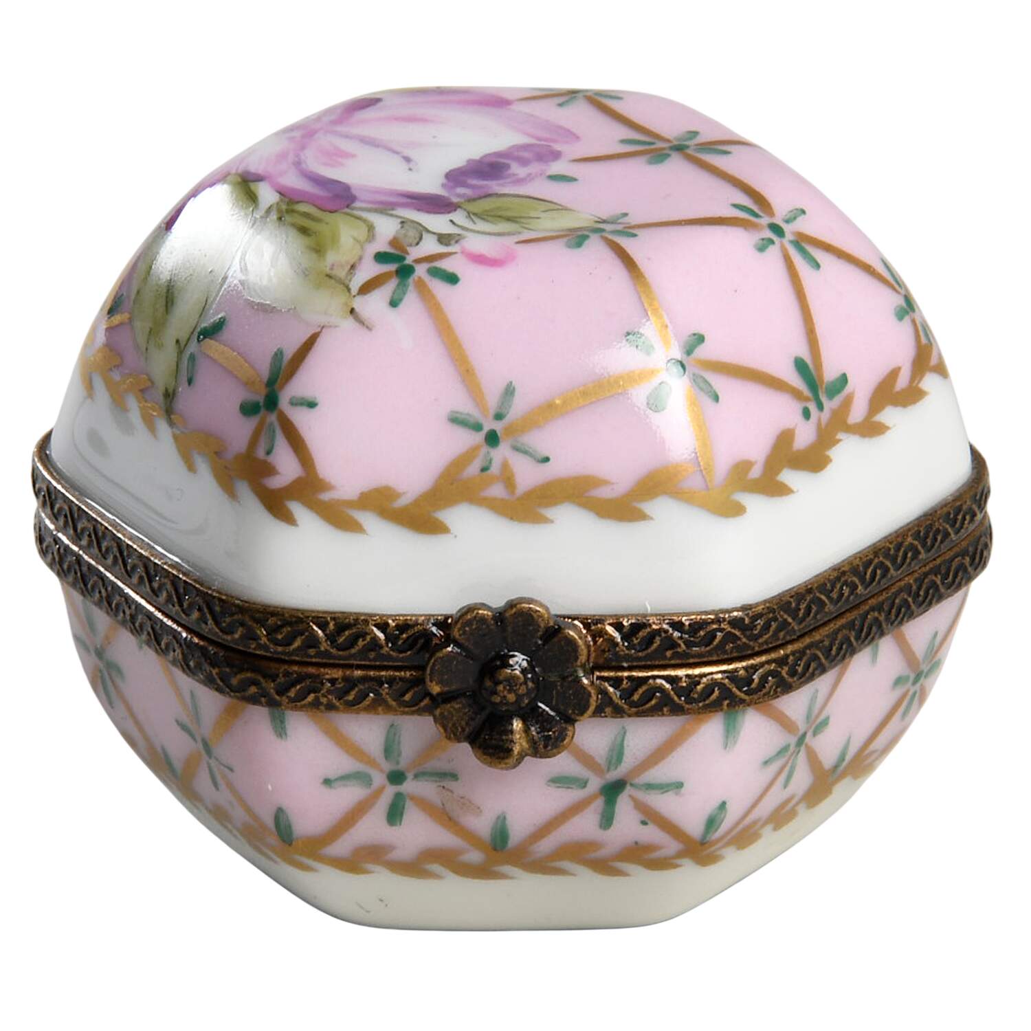 PEINT MAIN LIMOGES BOX Pink Hexagonal Box-Floral - No Box Nb872 by Peint Main-1