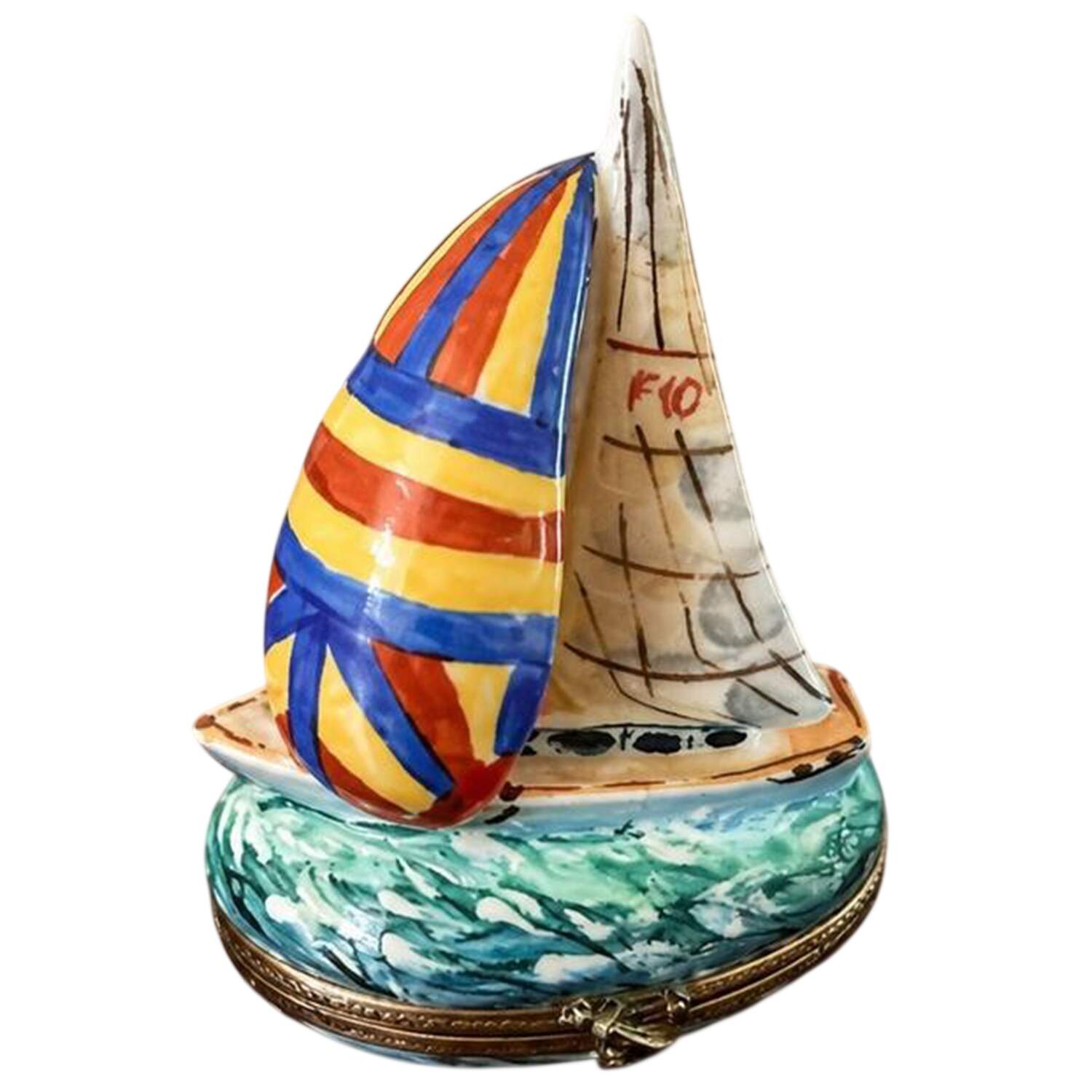 PEINT MAIN LIMOGES BOX Sailboat-Red,Yellow,Blue - No Box by Peint Main-1