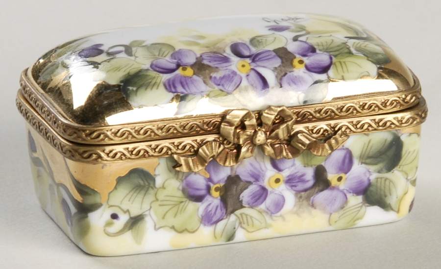 PEINT MAIN LIMOGES BOX Violets With Green Leaves-Square - Boxed by Peint Main-1