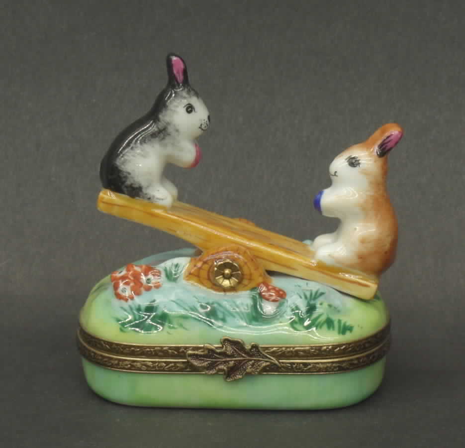 PEINT MAIN LIMOGES BOX Rabbits On See Saw - Boxed by Peint Main-1
