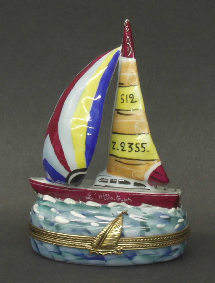 PEINT MAIN LIMOGES BOX Sailboat-Red,White,Yellow,Blue - No Box by Peint Main-1