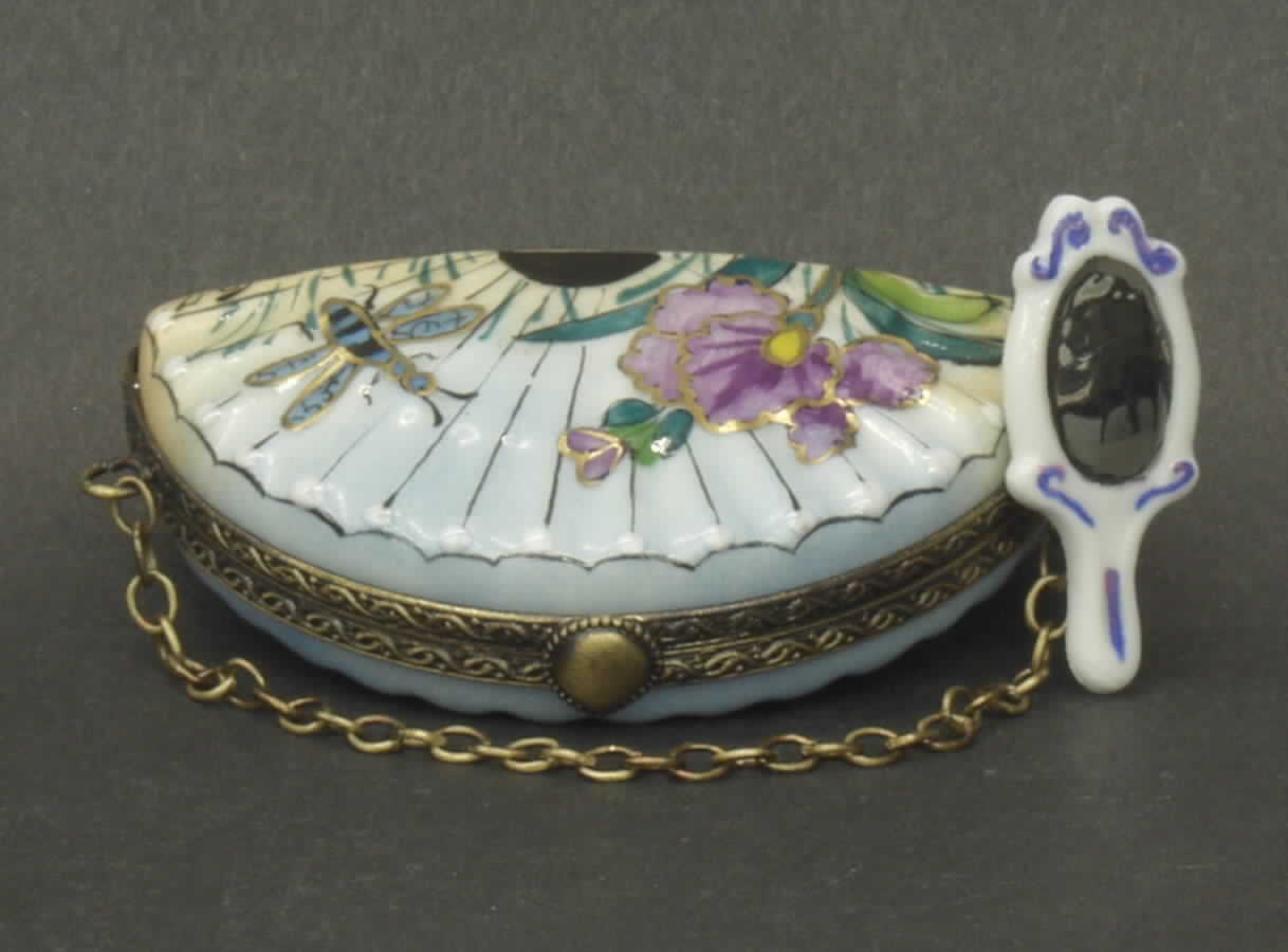 PEINT MAIN LIMOGES BOX Fan Shape Blue W/ Mirror - Boxed by Peint Main-1