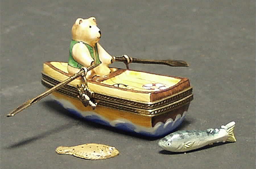 PEINT MAIN LIMOGES BOX Teddy On Fishing Boat - No Box by Peint Main-1