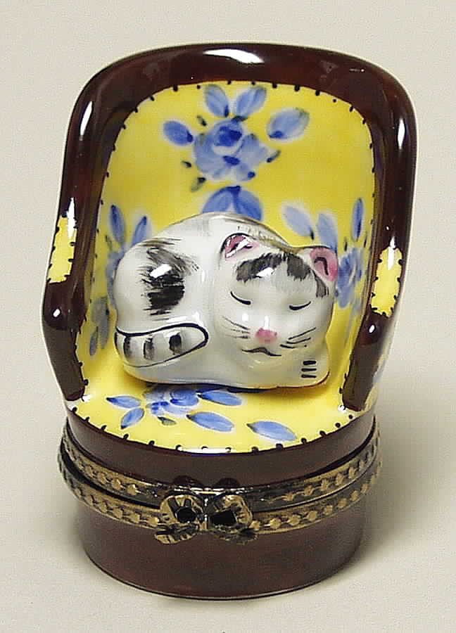 PEINT MAIN LIMOGES BOX Cat In Yellow Chair - No Box by Peint Main-1