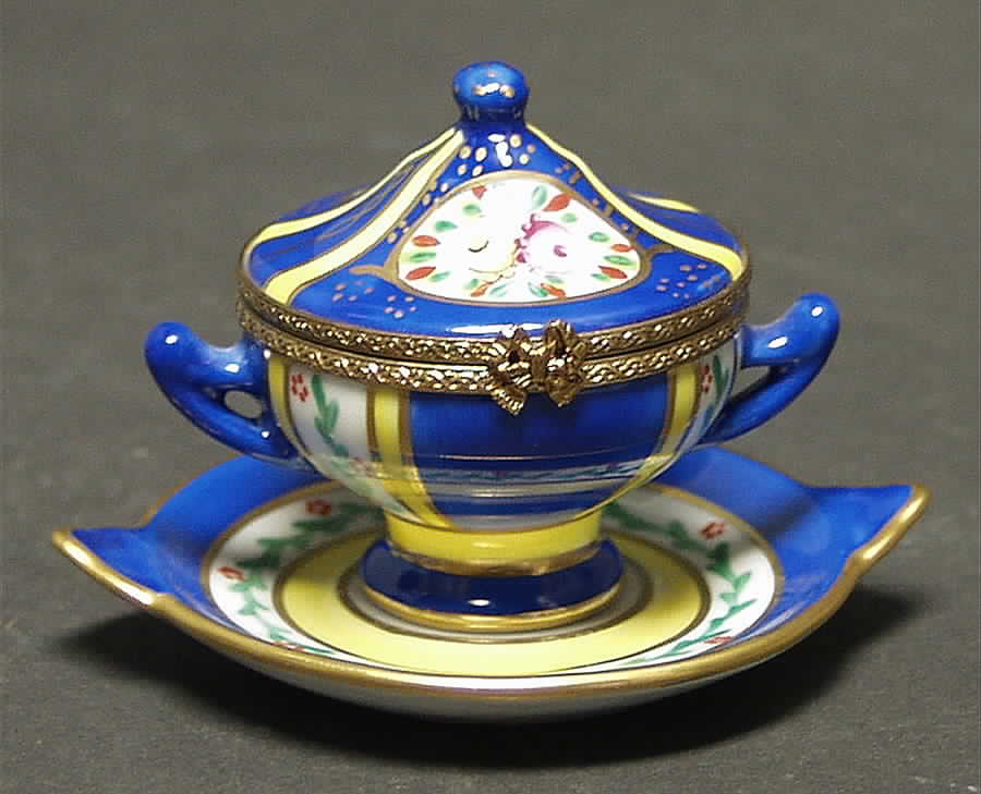 PEINT MAIN LIMOGES BOX Tureen & Plate-Blue & Yellow - Boxed by Peint Main-1