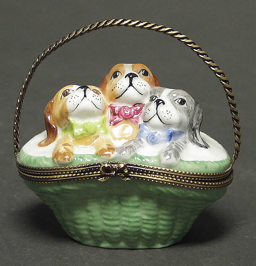 PEINT MAIN LIMOGES BOX Puppies In A Basket - Boxed by Peint Main-1