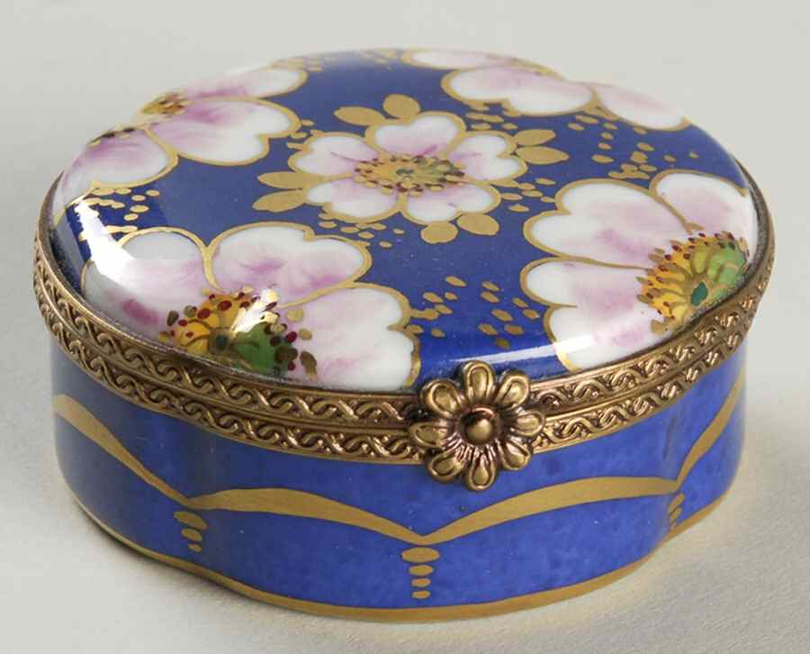 PEINT MAIN LIMOGES BOX Pink Flowers On Blue Box - No Box by Peint Main-1