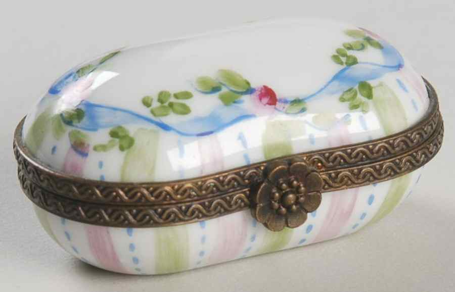PEINT MAIN LIMOGES BOX Stripes,Roses/Blue Ribbon,Bean - No Box by Peint Main-1