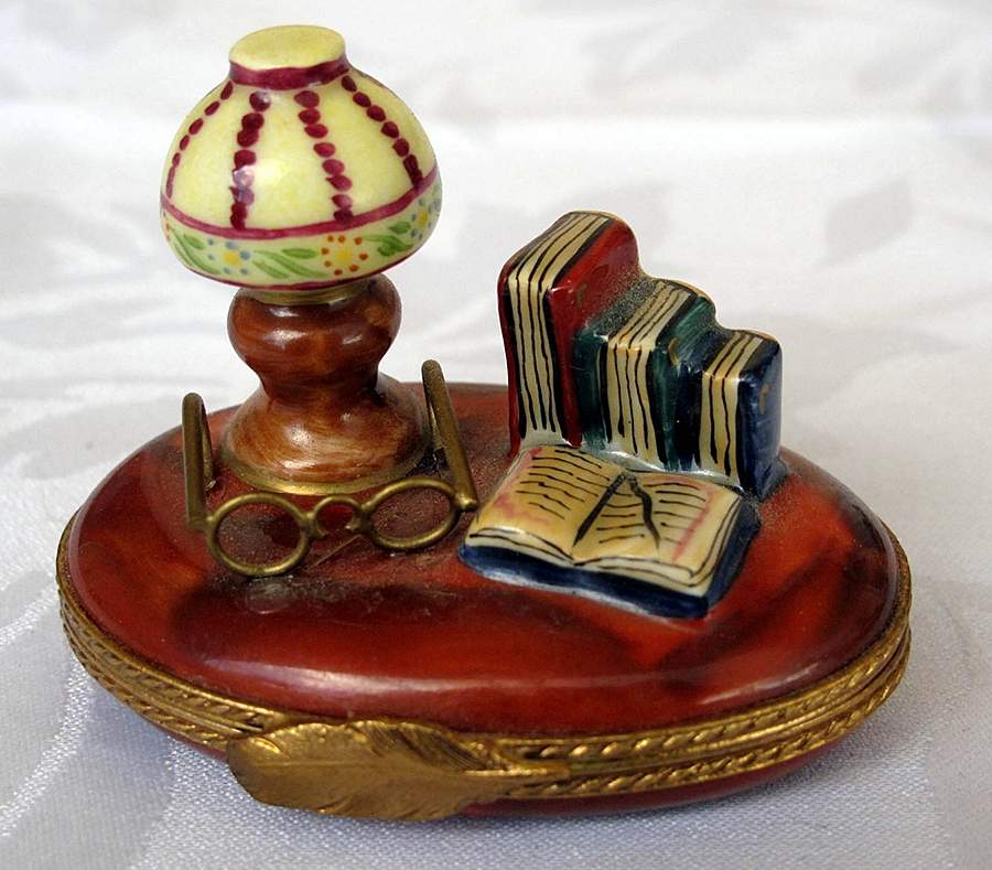 PEINT MAIN LIMOGES BOX Desk Top With Lamp & Glasses & Books - No Box by Peint Main-1