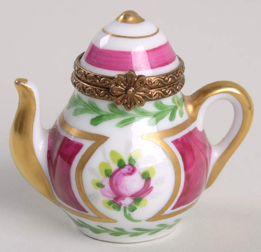 PEINT MAIN LIMOGES BOX Teapot-Pink Rose - No Box by Peint Main-1