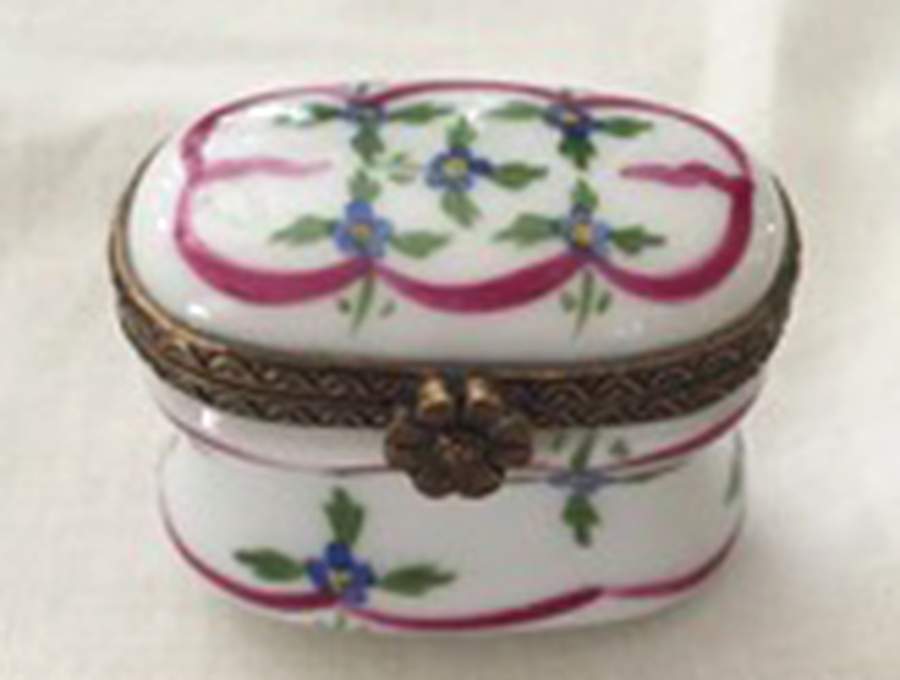 PEINT MAIN LIMOGES BOX Blue Flowers, Pink Ribbon - No Box by Peint Main-1