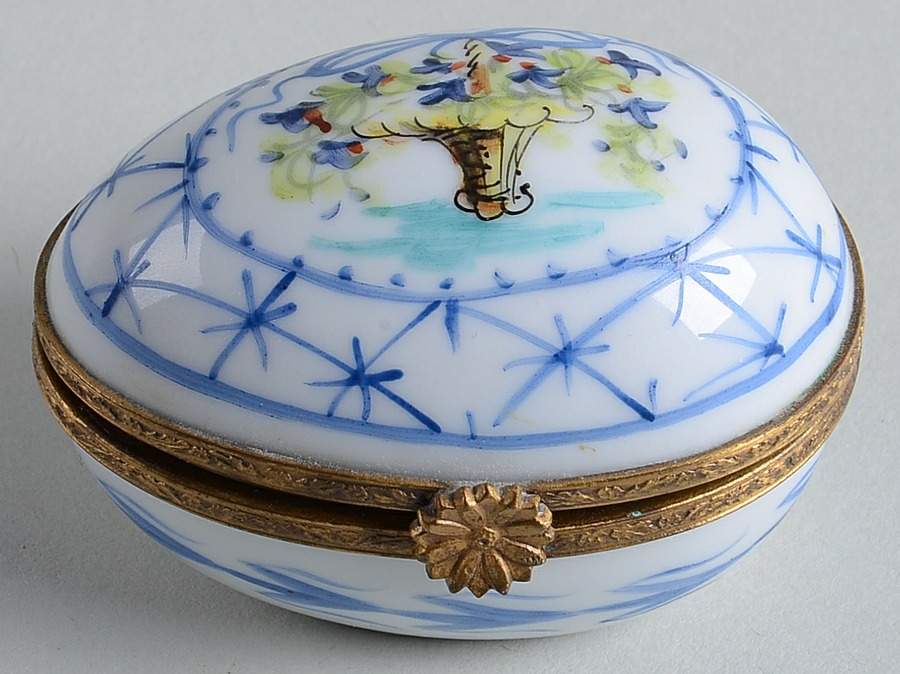 PEINT MAIN LIMOGES BOX Blue Egg Box With Flower Baske - No Box by Peint Main-1