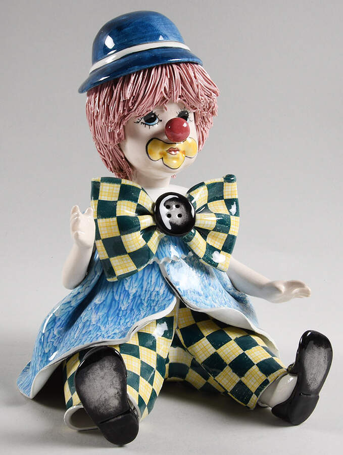 Lino Zampiva Figurines Clown Sitting -Pink Hair Blue Hat - Boxed by Pastelceramica-1