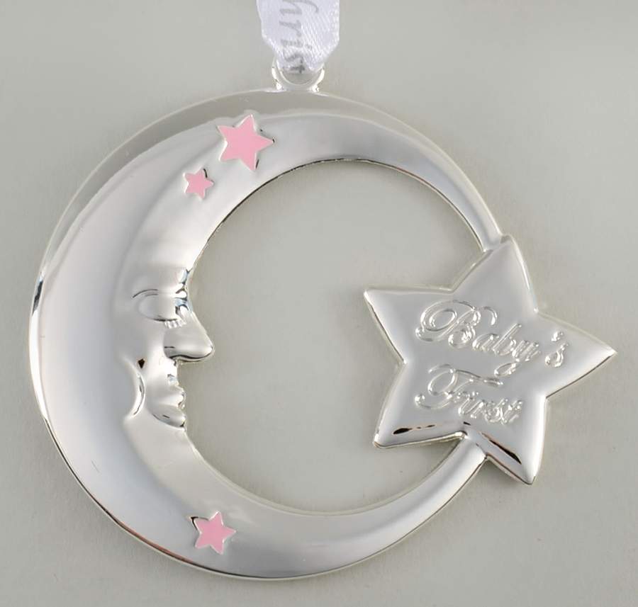 Babys First Christmas-Silverplate Moon With Pink Stars - No Box by Reed & Barton-1