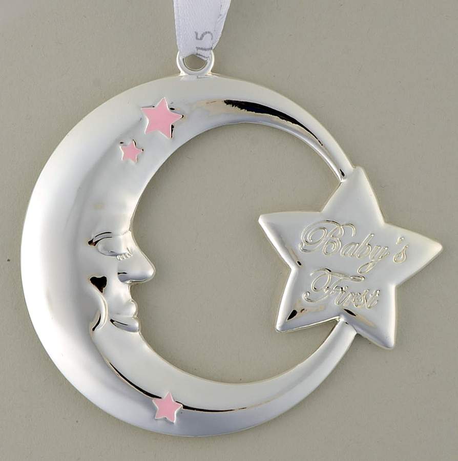 Babys First Christmas-Silverplate Moon With Pink Stars - Boxed by Reed & Barton-1