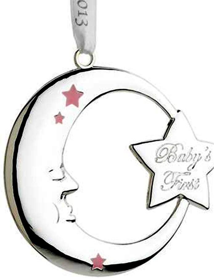 Babys First Christmas-Silverplate Moon With Pink Stars - Boxed by Reed & Barton-1