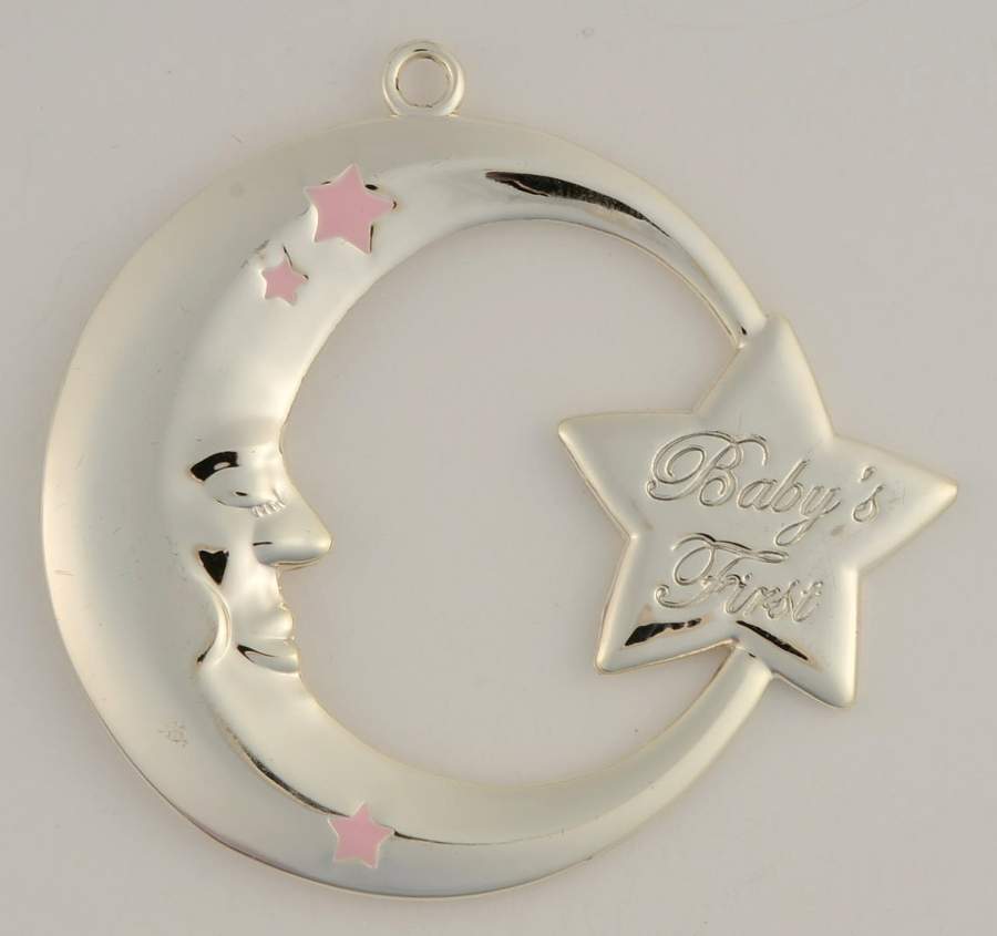 Babys First Christmas-Silverplate Moon With Pink Stars-No Date - No Box by Reed & Barton-1