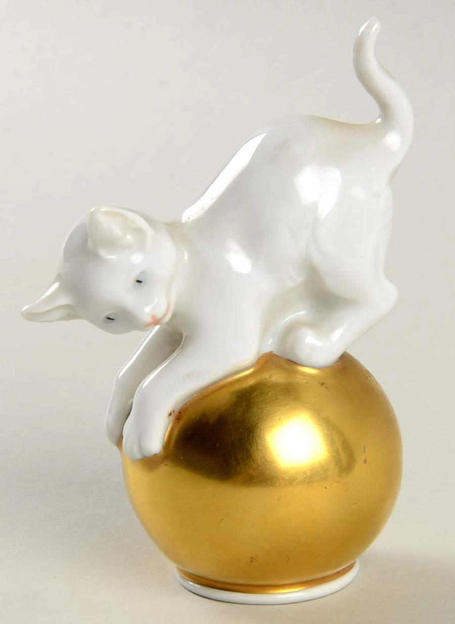 Rosenthal Figurine White Cat On Gold Ball - No Box by Rosenthal - Continental-1