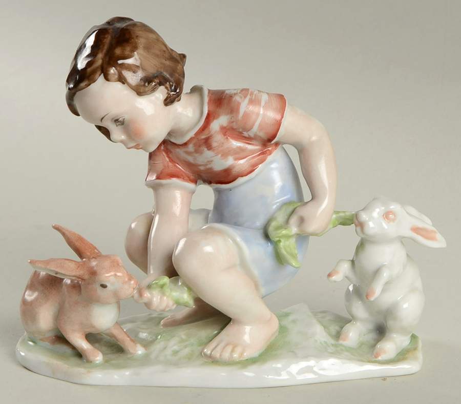 Rosenthal Figurine Child With Rabbits (Painted)-Red Top - No Box by Rosenthal - Continental-1