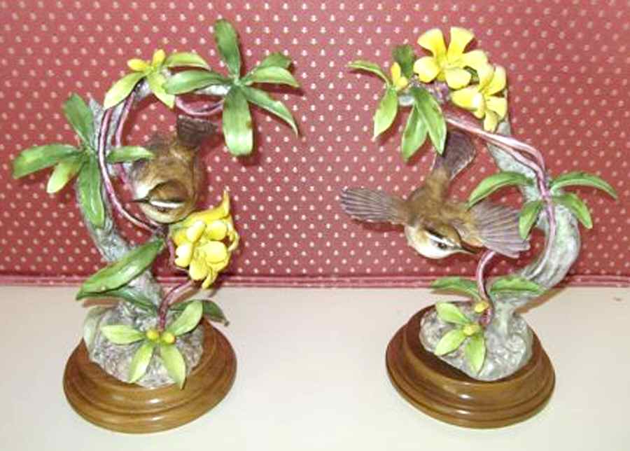 Doughty American Birds Bewick's Wrens & Yellow Jasmine Pair - Boxed by Royal Worcester-1