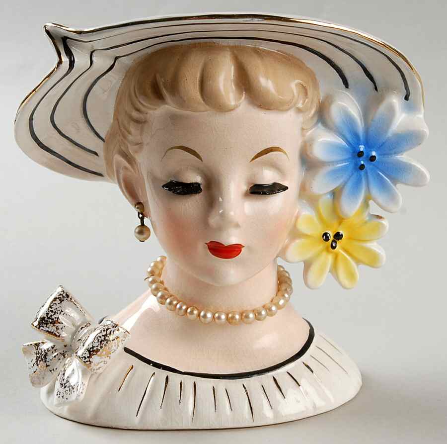 Reliable Head Vases Lady W/Wht Hat Ylw&Blu Flwr - No Box by Reliable Glass & Pottery-1