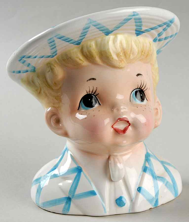 Reliable Head Vases Boy Blonde Freckles Blu Plaid - No Box by Reliable Glass & Pottery-1