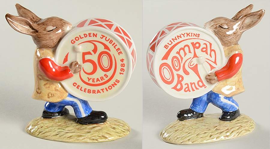 Bunnykins Oompah Band Drummer-50th Ann-Var 1-Red Band - Boxed by Royal Doulton-1