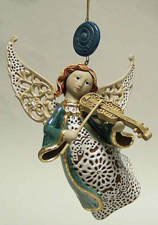 Origins Artisan Collection Green Angel W/ Violin Ornament - Boxed by Roman-1