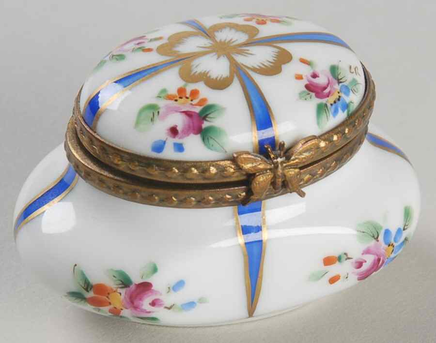 Rochard Limoges Box Small Oval,Blue Ribbon,Roses - Boxed by Rochard-1