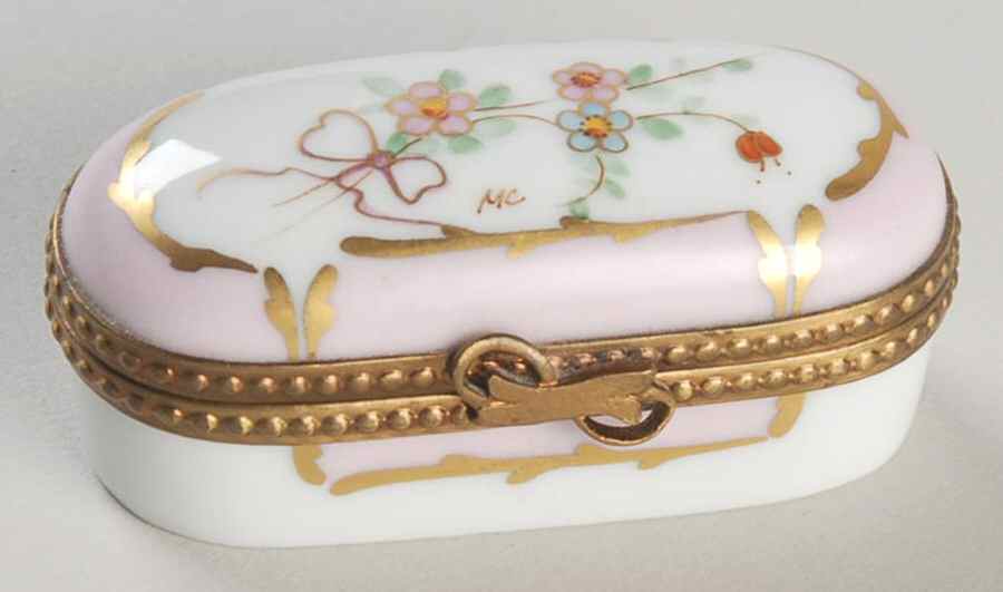 Rochard Limoges Box Oval,Pink Border&Ribbon/Floral - Boxed by Rochard-1