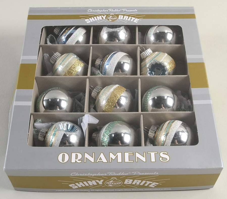 Shiny Brite Ornaments Balls Yellow/Blue Stripes - With Box 53 by Christopher Radko-1
