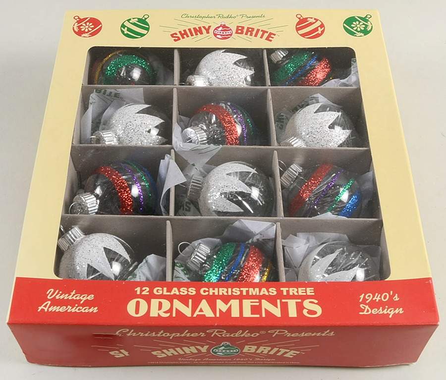 Shiny Brite Ornaments Balls Stripes/Tinsel  - Boxed by Christopher Radko-1