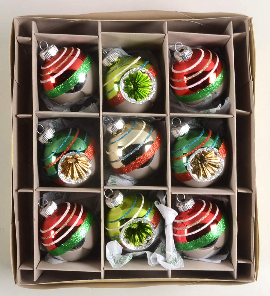 Shiny Brite Ornaments 9 Balls Stripes 4 Reflector - Boxed by Christopher Radko-1