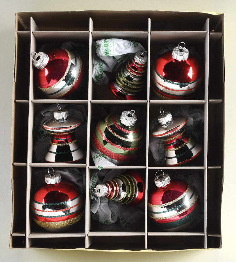 Shiny Brite Ornaments 9pc Striped Round & Shapes - Boxed by Christopher Radko-1