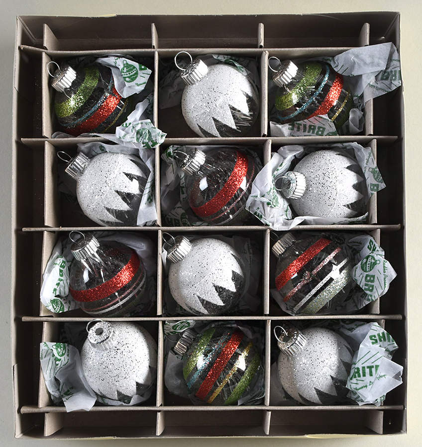 Shiny Brite Ornaments Pink/Red/Green Stripes & Snowcapped Ball - Boxed by Christopher Radko-1