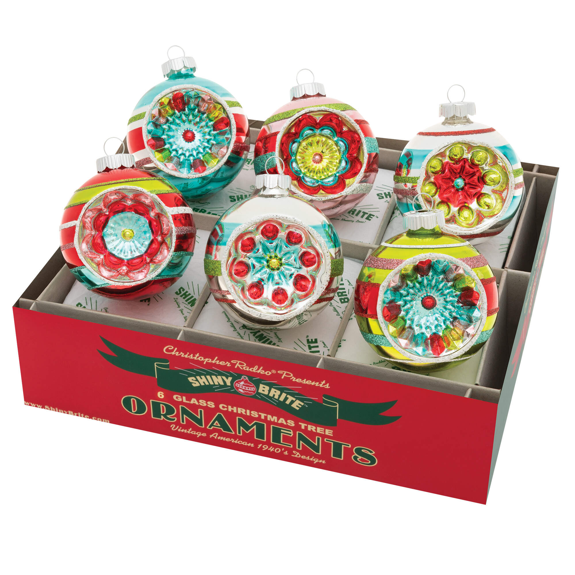 Shiny Brite Ornaments Decorated Reflectors-Festive Fete  - Boxed by Christopher Radko-1