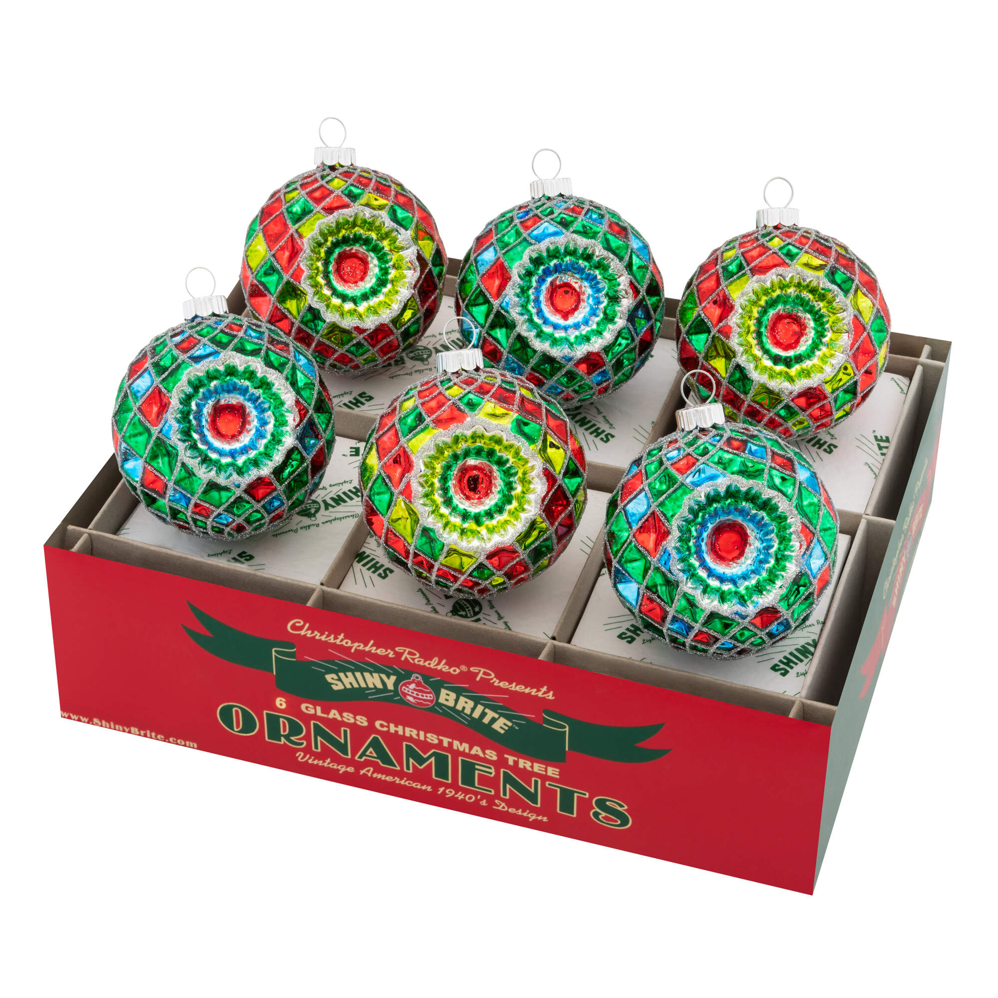 Shiny Brite Ornaments Decorated Faceted Rnds W/Reflector-Holid - Boxed by Christopher Radko-1
