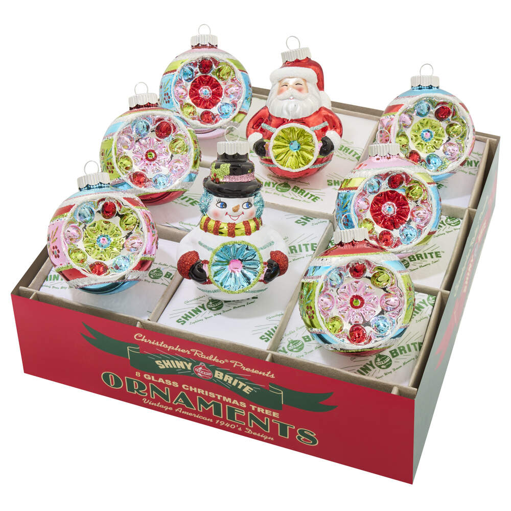 Shiny Brite Ornaments Fete Figures & Reflector Rounds - With Box Bx360 by Christopher Radko-1