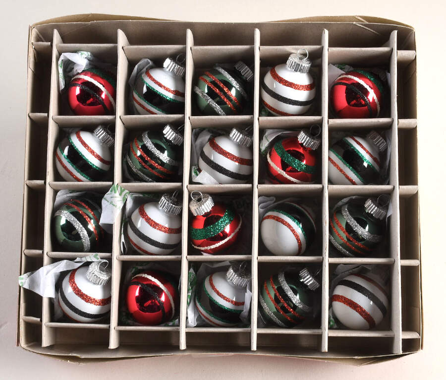 Shiny Brite Ornaments Set Of 20 White W/Red & Green Stripes - Wtih Box Bx376 by Christopher Radko-1