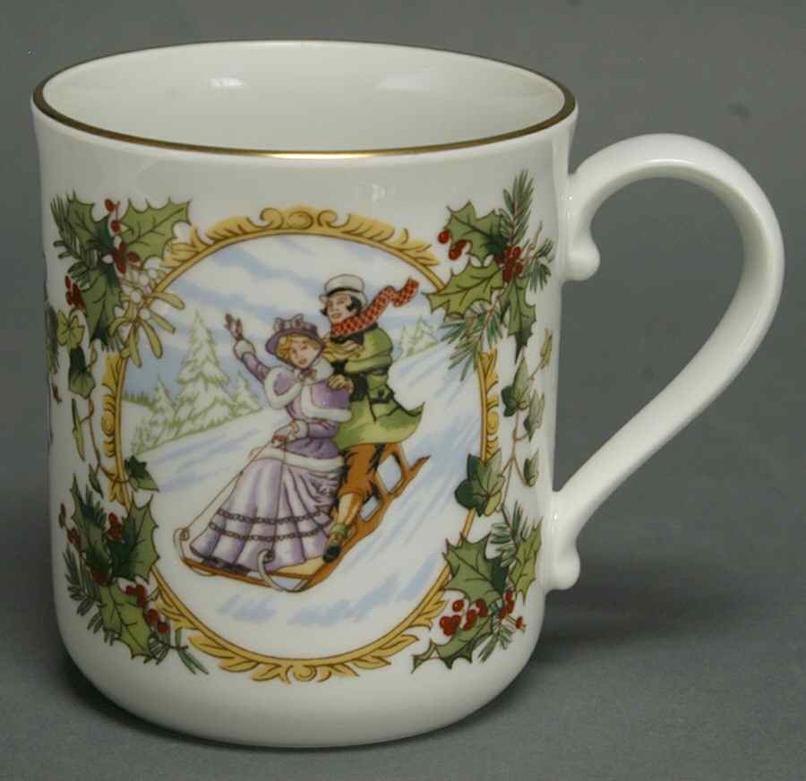 Christmas Mug Victorian Couple Sledding - No Box by Royal Worcester-1