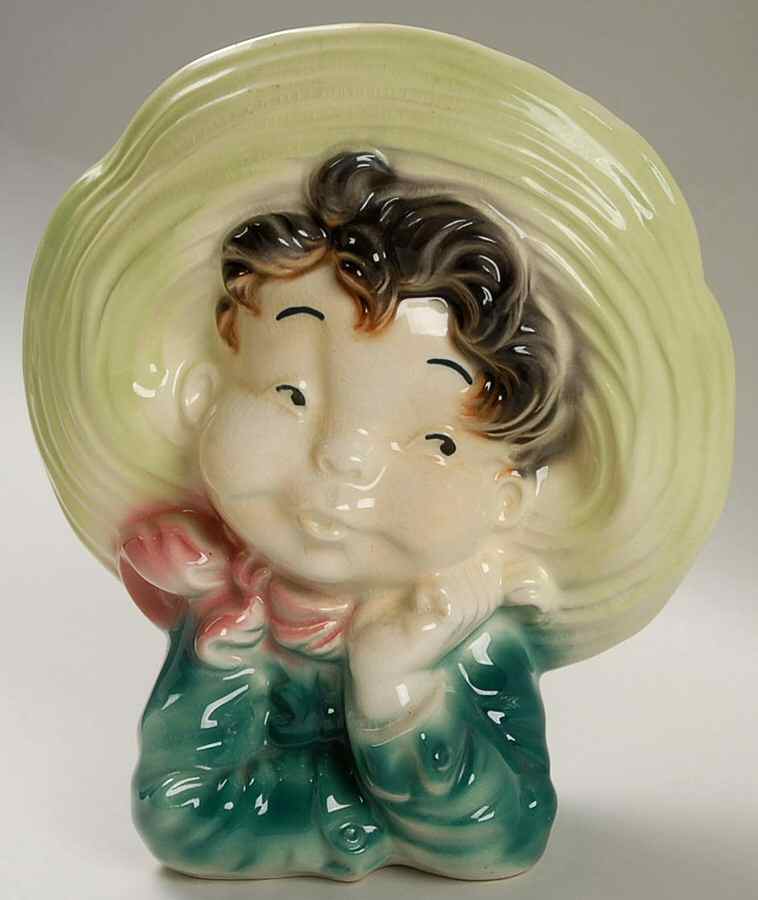 Royal Copley Head Vases Boy Grn Lg Hat/Shirt Hand/Chin - No Box by Royal Copley-1